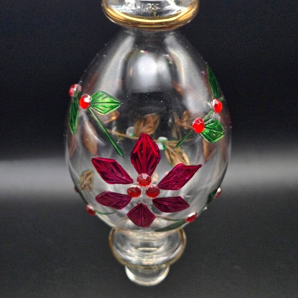 Hand Blown Painted Glass Christmas Ornament Poinsettia Holly Berries Gold Trim - Picture 2 of 5